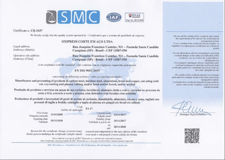 A empresa possue Certificação ISO 9001-2015.